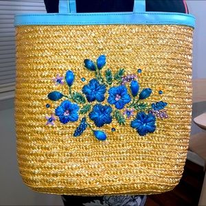 Vintage White Stag Handmade Straw Bag with Embroidery